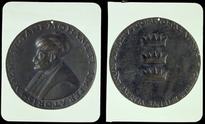 Muotokuvamitali, kääntöpuolella sulttaani Mehmed II (1432-81) kääntöpuolella kolme kruunua (pronssia)